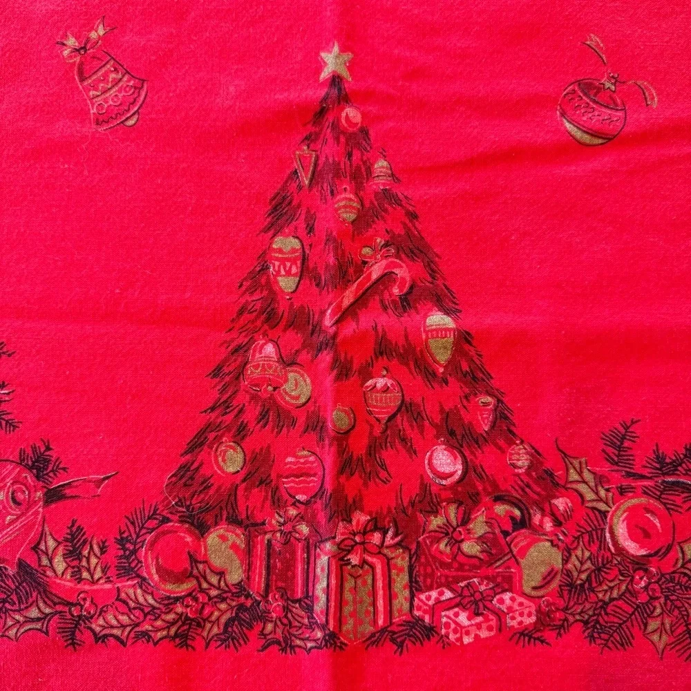 Vintage MCM Christmas Tablecloth Bright Red Santa Christmas Tree Gifts 48x60 GUC